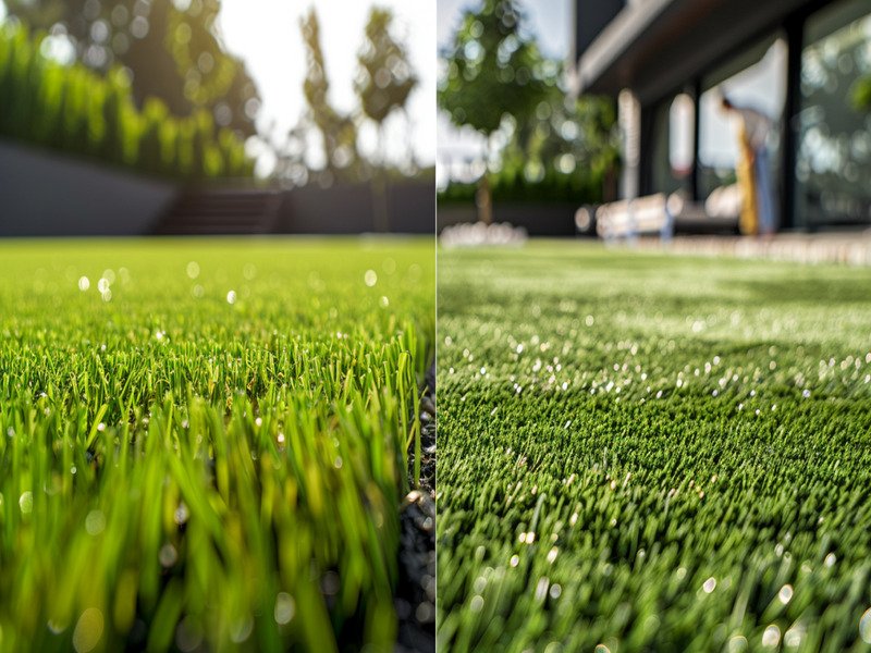 A split image contrasting the benefits and drawbacks of artificial turf: a perfect green lawn versus a person cleaning it